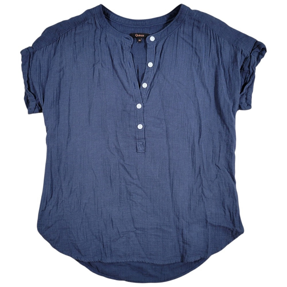 Quince Organic Cotton Gauze Top Womens XS Indigo Short Roll Sleeve Boho Shirt